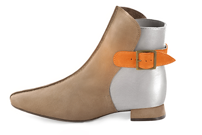 Tan beige, light silver and apricot orange women's ankle boots with buckles at the back. Square toe. Flat flare heels. Profile view - Florence KOOIJMAN